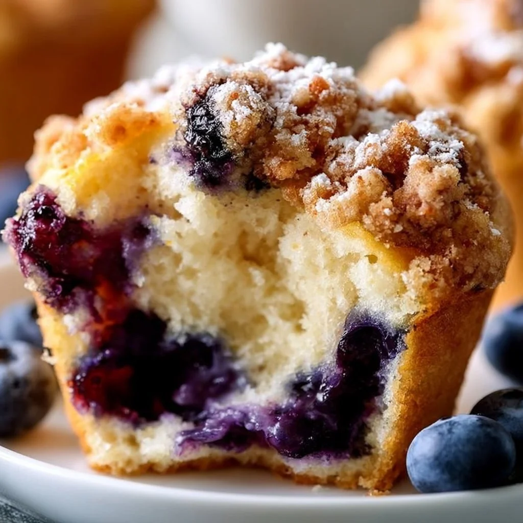 Delicious homemade blueberry streusel muffins fresh out of the oven.