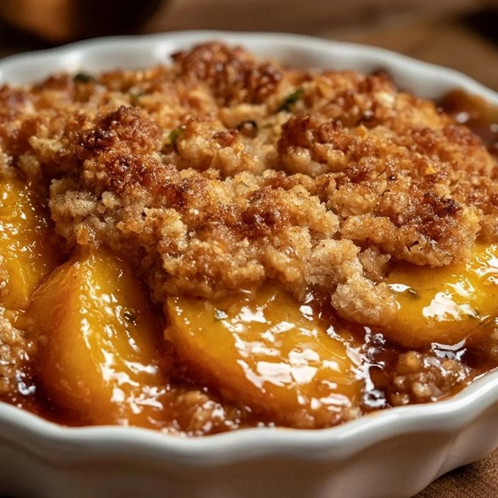 Brown Butter Peach Crumble dessert with golden topping and fresh peach filling