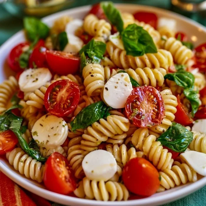 Colorful Caprese Pasta Salad with tomatoes, mozzarella, and fresh basil
