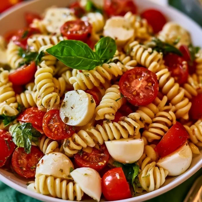 Bowl of colorful Caprese Pasta Salad with tomatoes, mozzarella, and basil