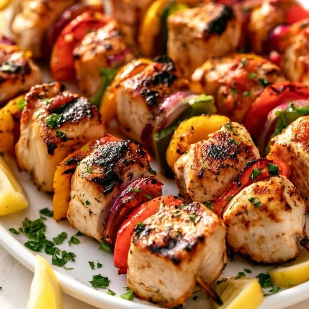 Grilled Chicken Kabobs with colorful vegetables on skewers