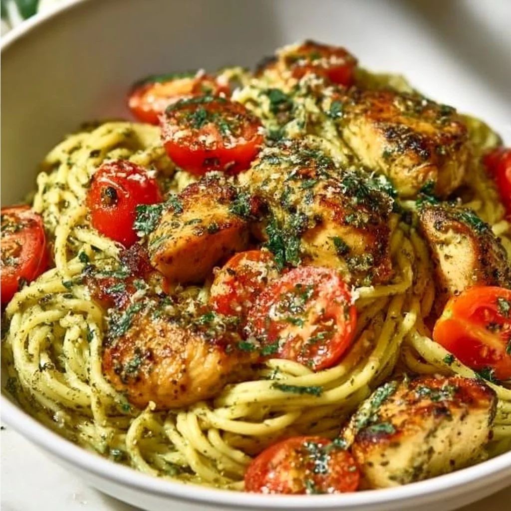 Plate of Chicken Pesto Pasta garnished with fresh basil and cherry tomatoes