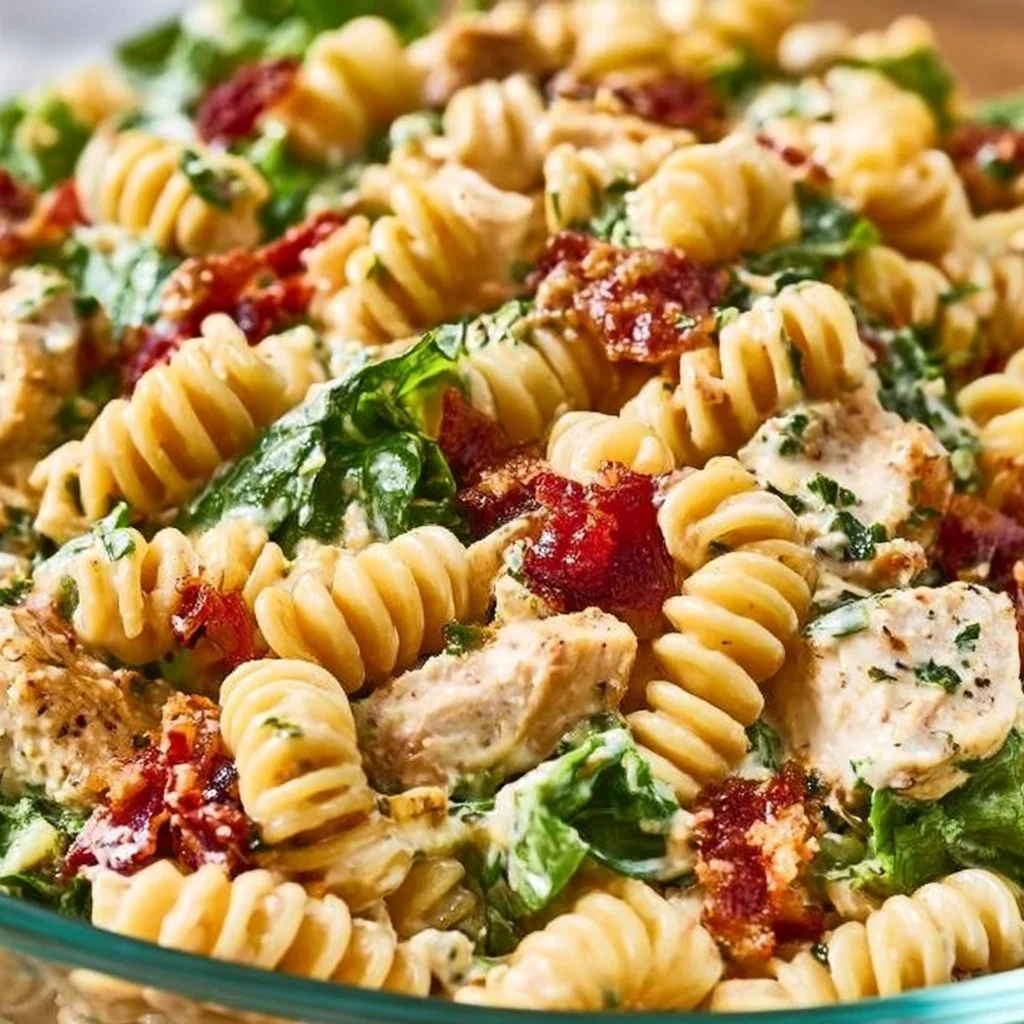 Delicious Chicken Ranch Pasta Salad served in a bowl with fresh ingredients