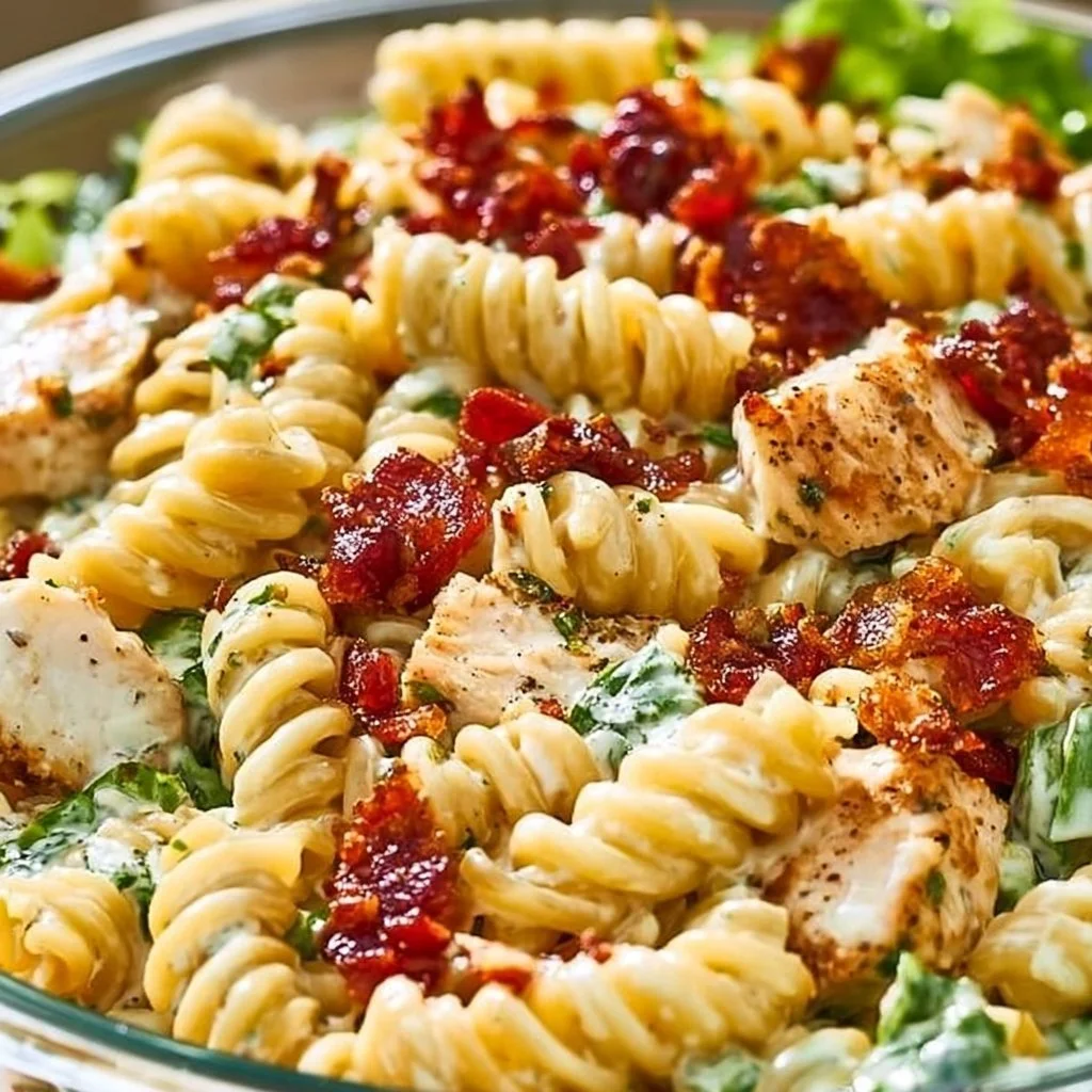 Bowl of Chicken Ranch Pasta Salad with colorful vegetables