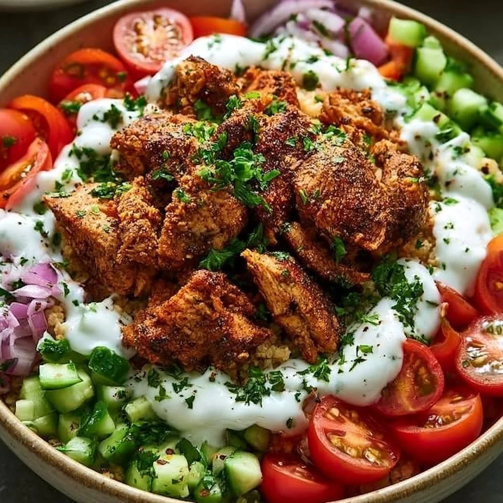 Delicious Chicken Shawarma Bowl with marinated chicken and fresh vegetables