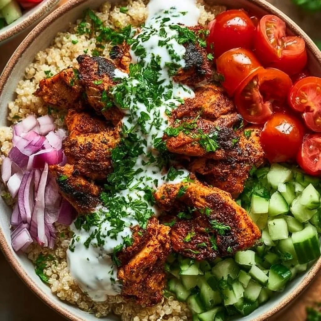 Healthy Chicken Shawarma Bowl with fresh vegetables and sauces