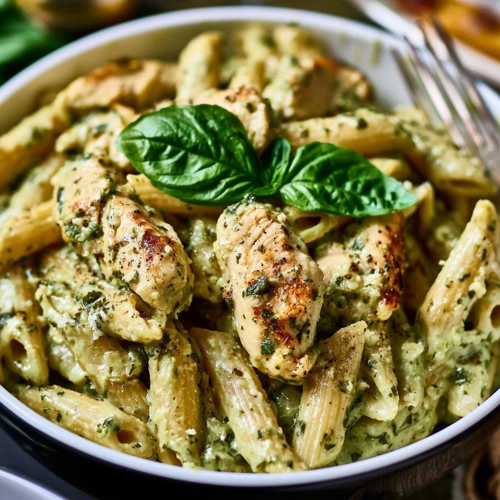 Delicious creamy chicken pesto pasta served in a bowl with fresh basil.