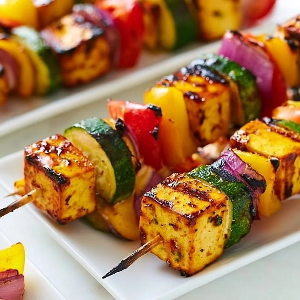 Grilled Garlic Tofu Skewers served on a platter with vegetables