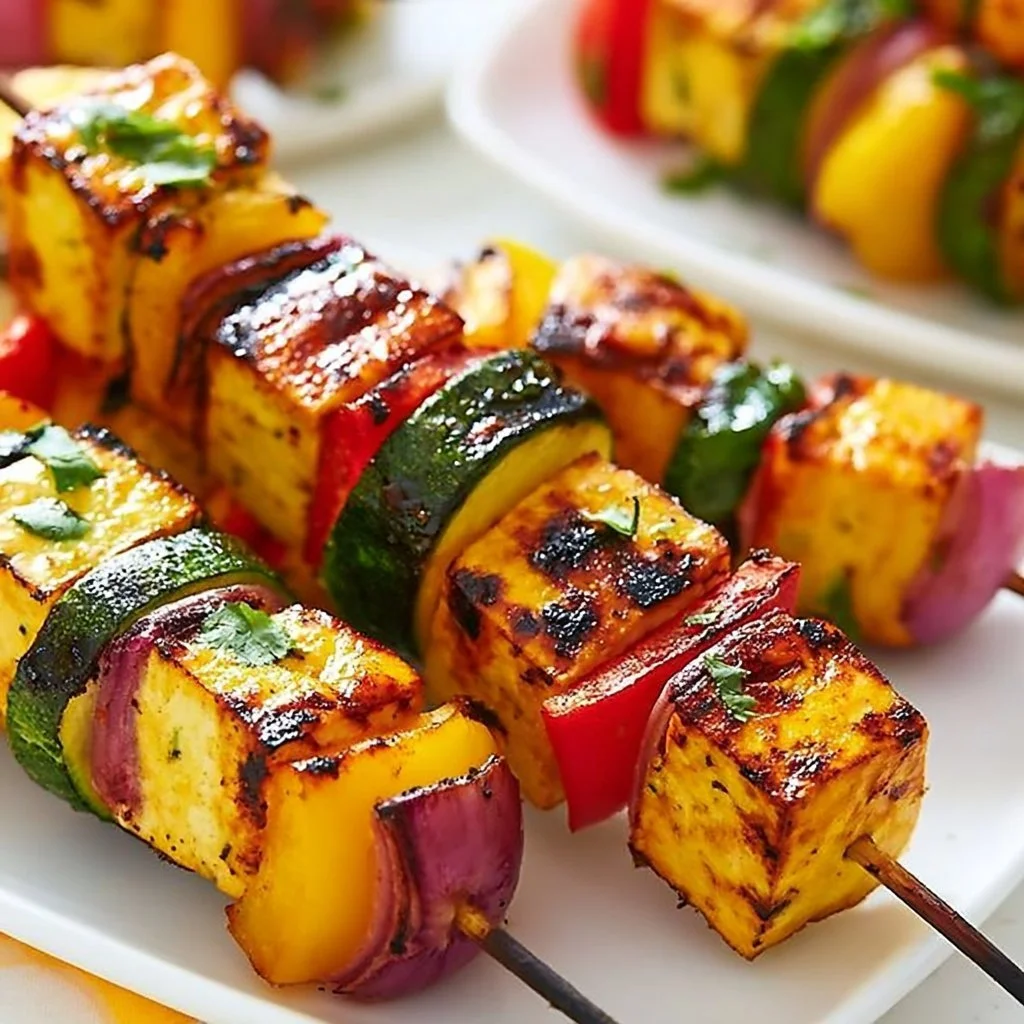 Delicious grilled tofu skewers garnished with vegetables