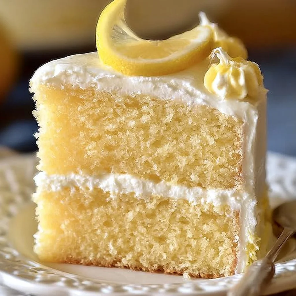 Slice of lemon cream cake topped with lemon zest and whipped cream