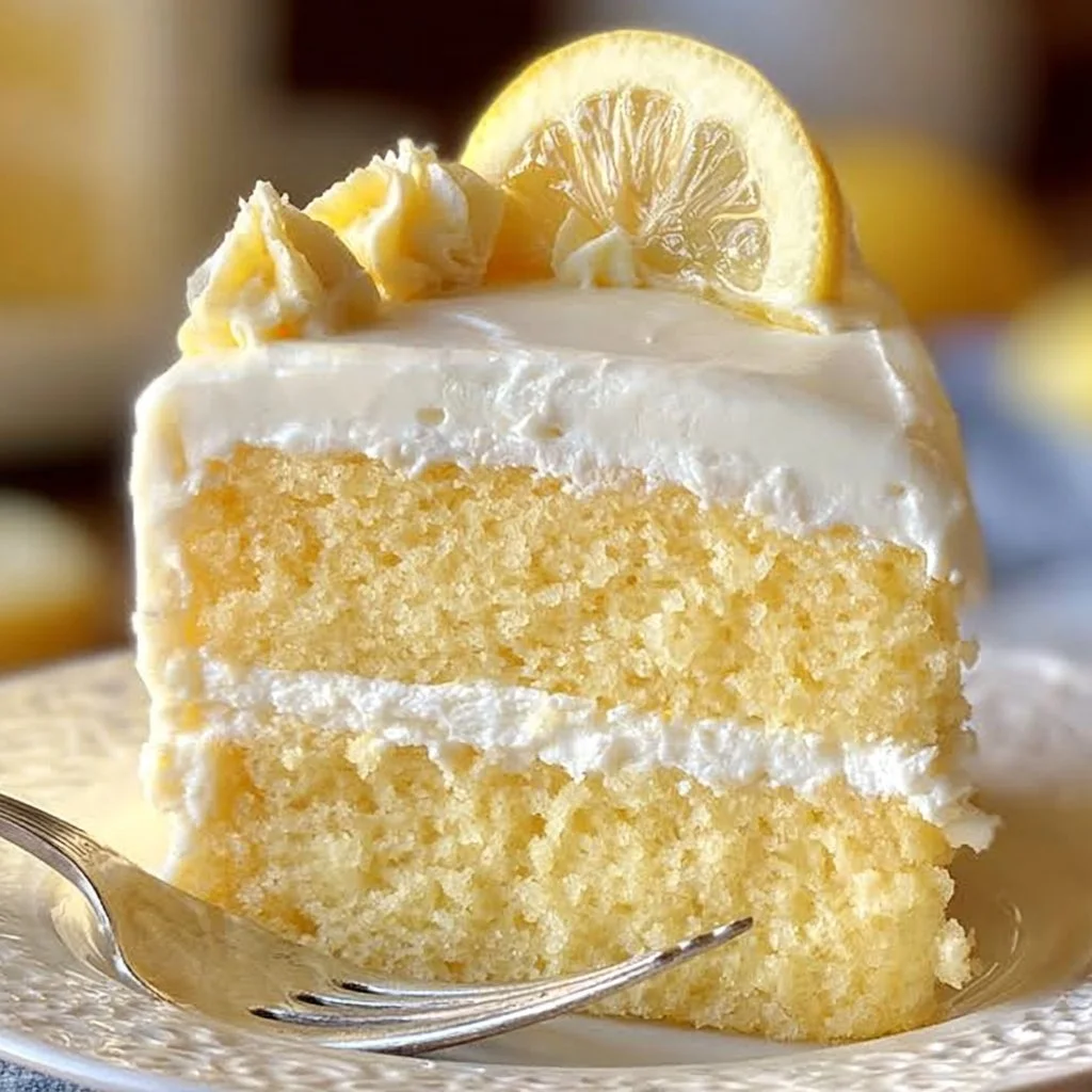 Delicious Lemon Cream Cake with a creamy lemon frosting and fresh lemon slices