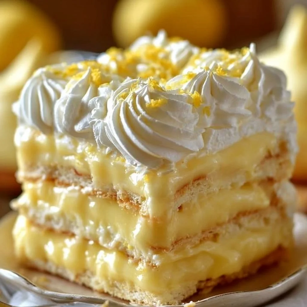 Lemon eclair cake topped with creamy lemon frosting and fresh fruit garnish