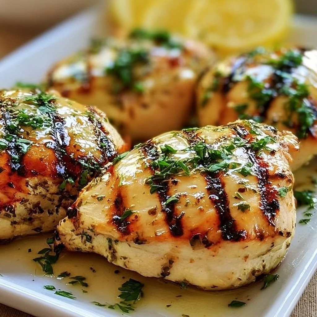 Lemon herb grilled chicken garnished with fresh herbs and lemon slices
