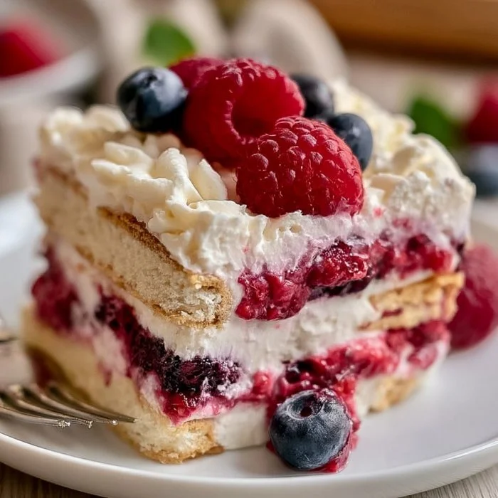 Layers of Mixed Berry Icebox Cake with fresh berries and creamy filling