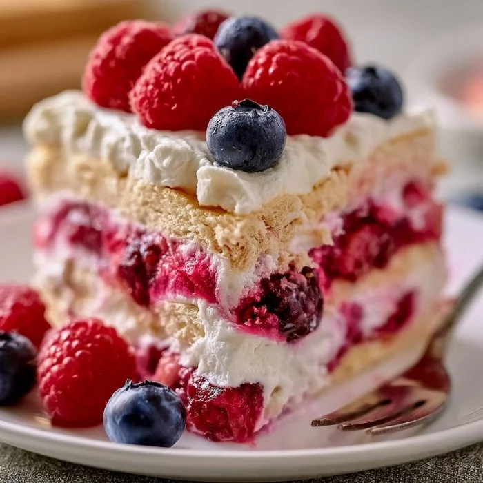 No-Bake Mixed Berry Icebox Cake topped with fresh berries and whipped cream.