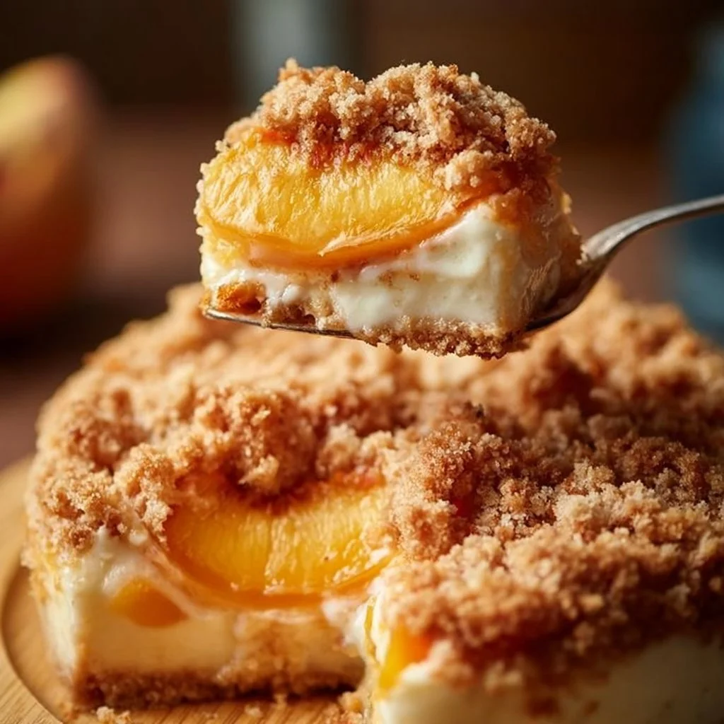 Delicious slice of Peach Cheesecake topped with fresh peaches and a buttery crust