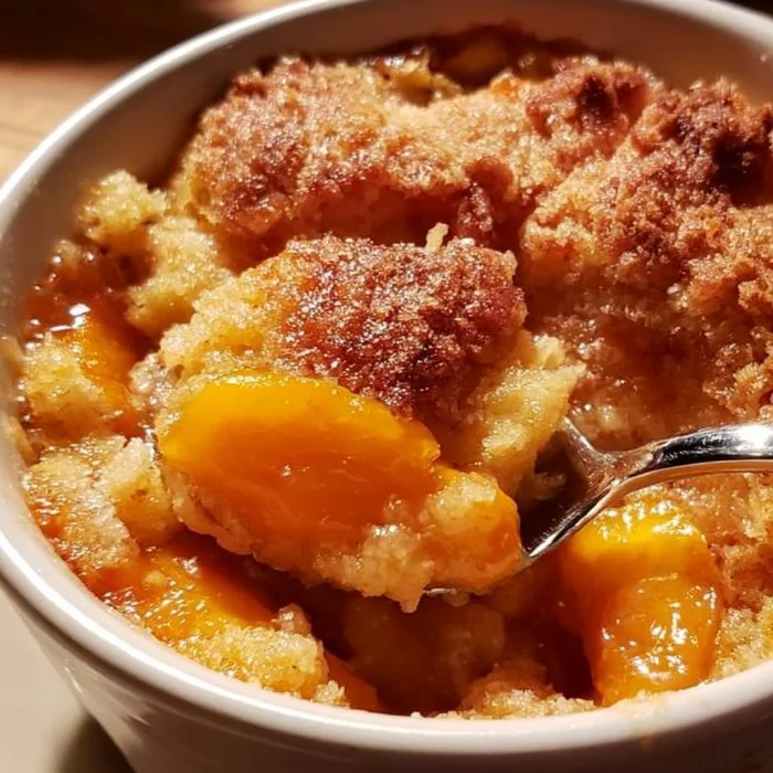 Delicious home-baked peach cobbler with a golden crust and fresh peaches.