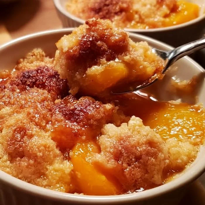 Delicious peach cobbler dessert with golden crust and fresh peaches