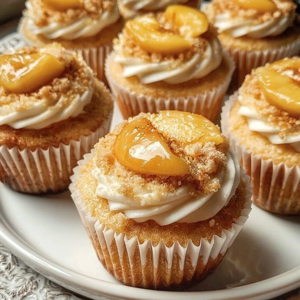 Delicious Peach Cobbler Cupcakes with a cinnamon topping on a wooden table.