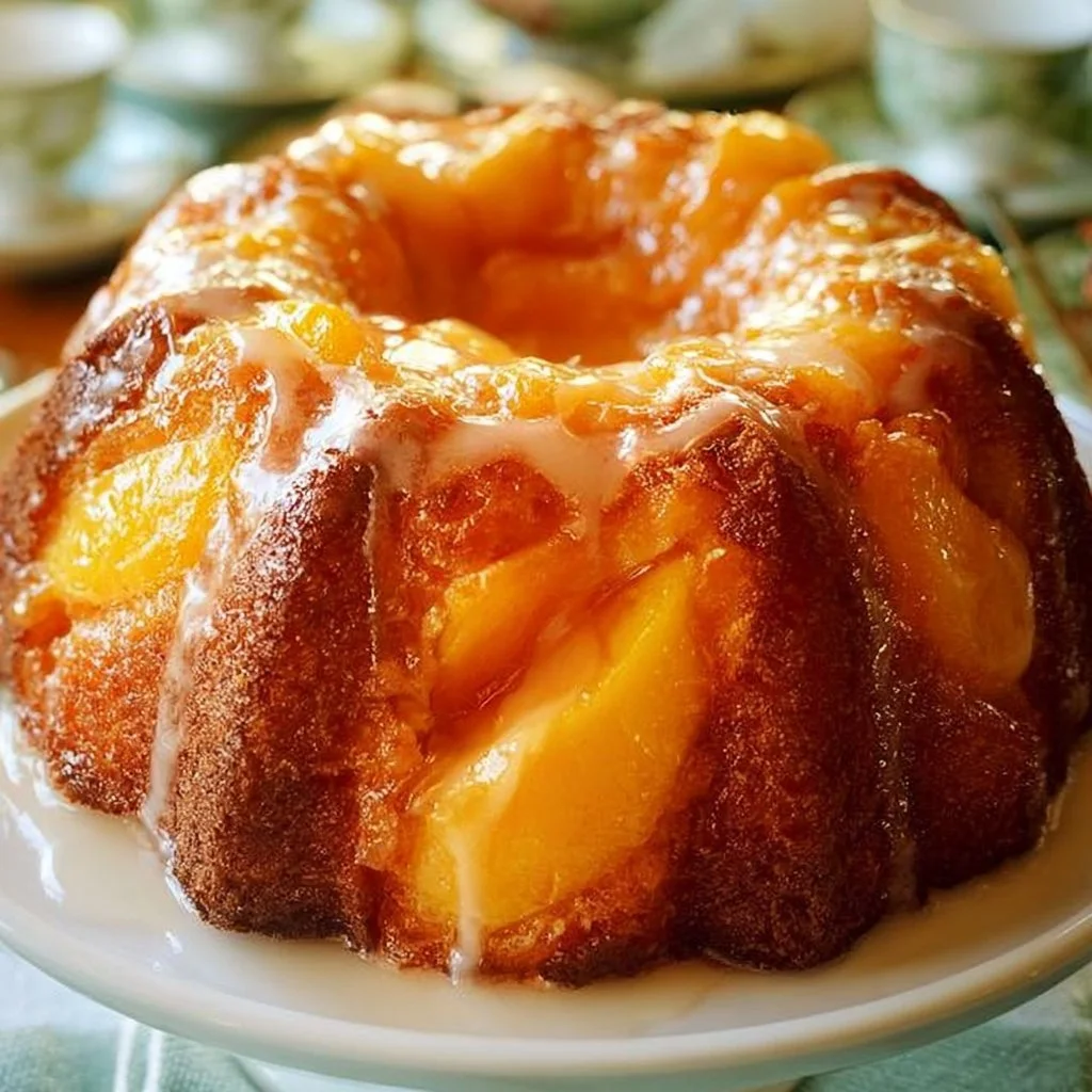Delicious Peach Cobbler Pound Cake with juicy peaches and a golden crust