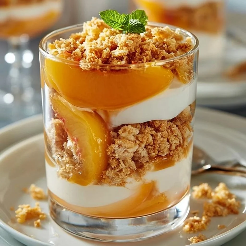 Delicious peach crumble parfait layered with fresh peaches and sweet crumble topping