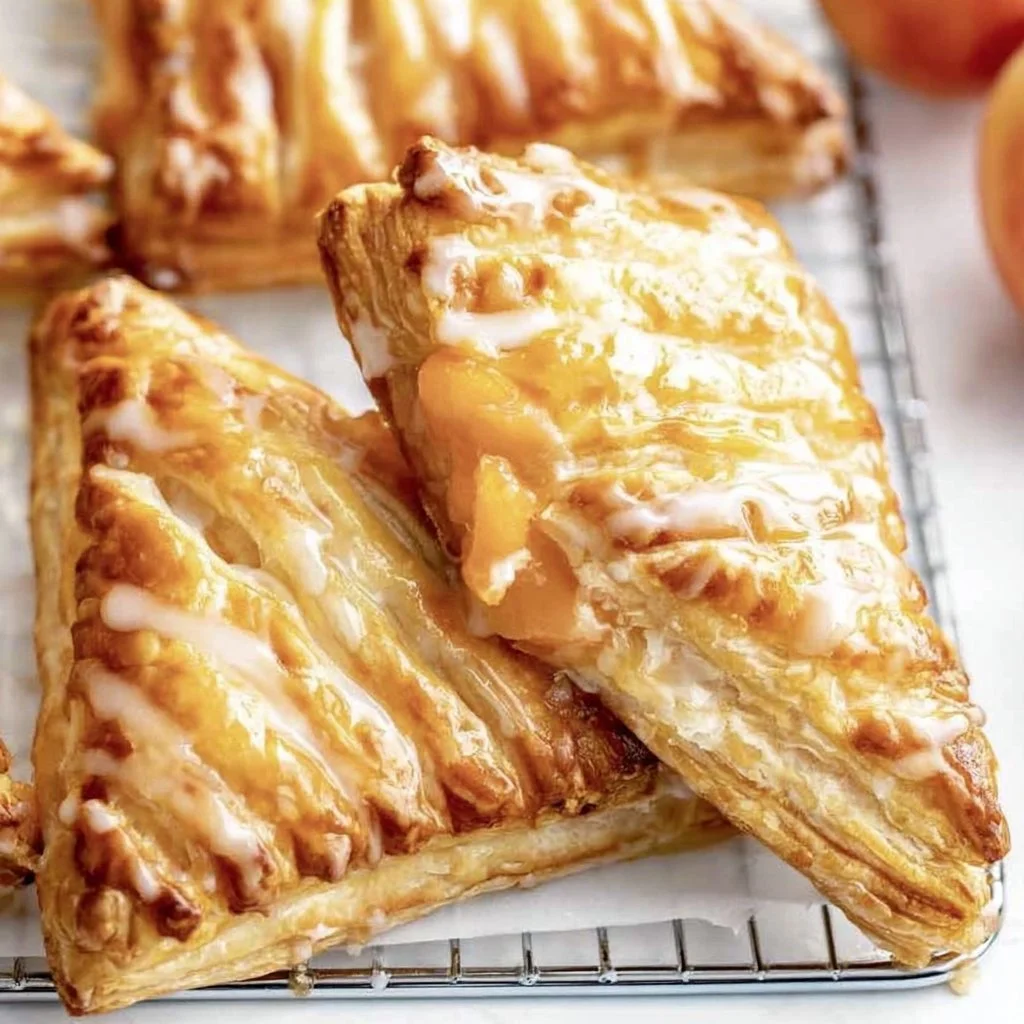 Freshly baked peach turnovers with golden flaky crust and sweet peach filling