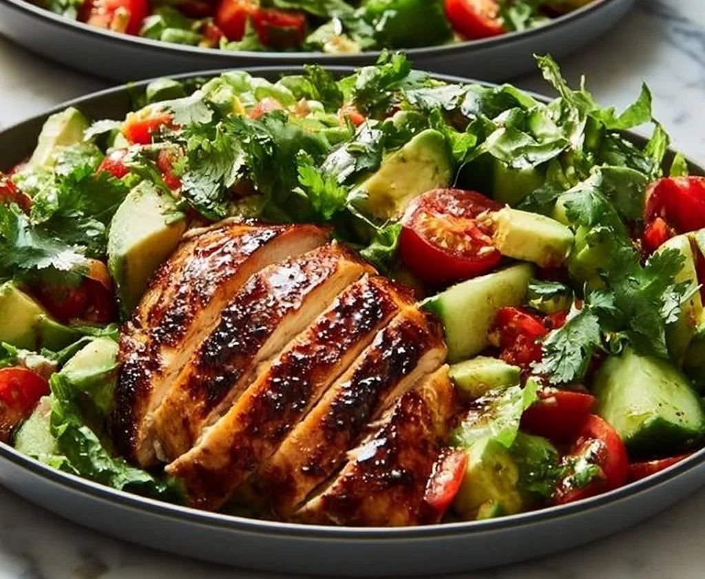 Delicious quick chicken salad served in a bowl with fresh vegetables
