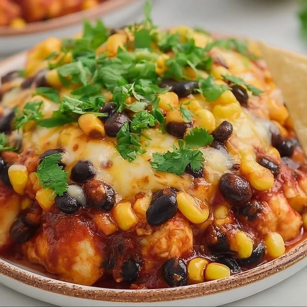 Plate of Santa Fe Chicken garnished with vegetables and spices
