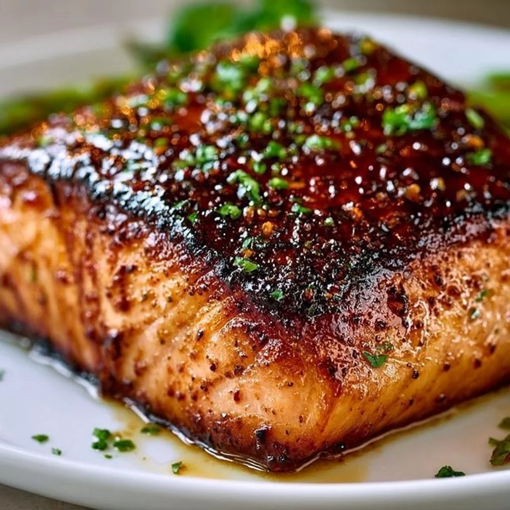 Smoky grilled salmon being served with vegetables on a plate