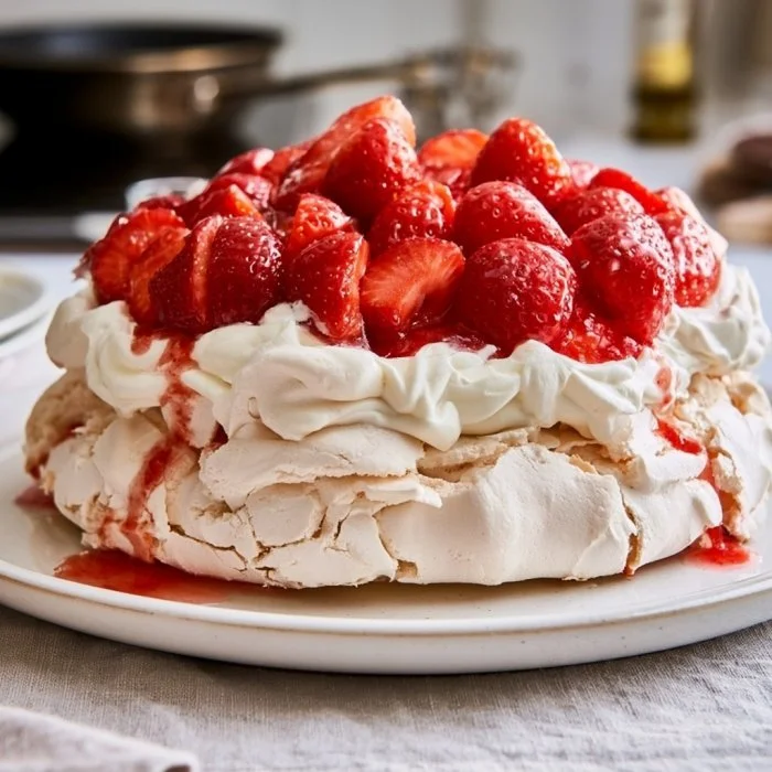 Delicious Strawberry Pavlova topped with whipped cream and fresh strawberries