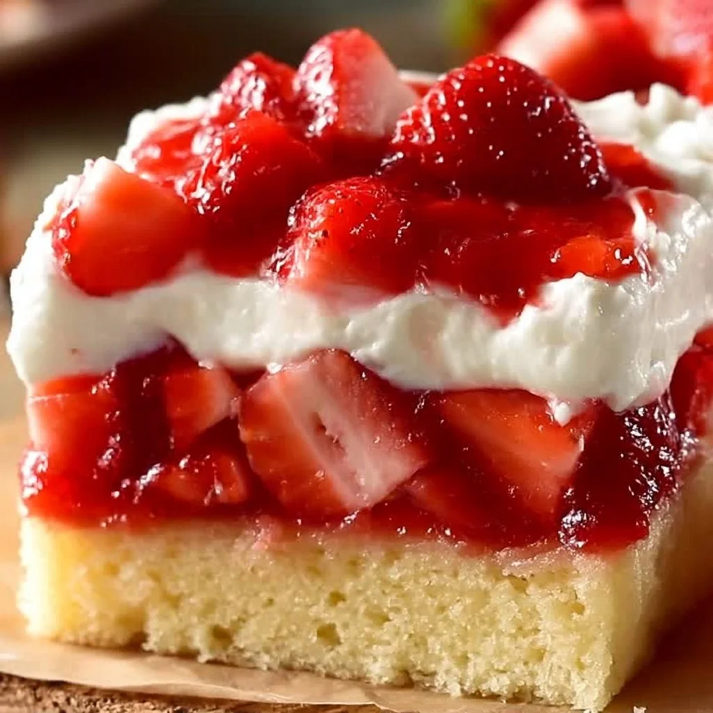 Delicious Strawberry Shortcake Sheet Cake topped with fresh strawberries and cream.