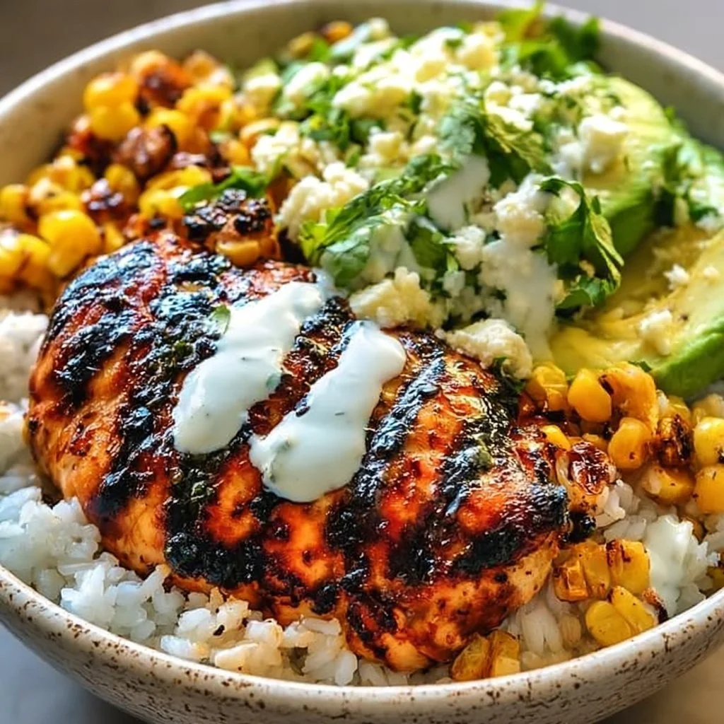Delicious Street Corn Chicken Rice Bowl topped with grilled chicken and fresh ingredients.